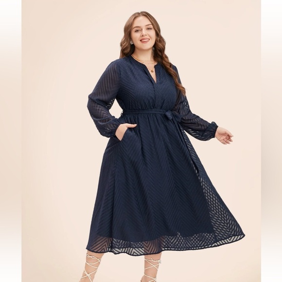 BloomChic Plus Size XL Solid Geometric Pocket Mesh Lantern Sleeve Belted Dress - Picture 9 of 10